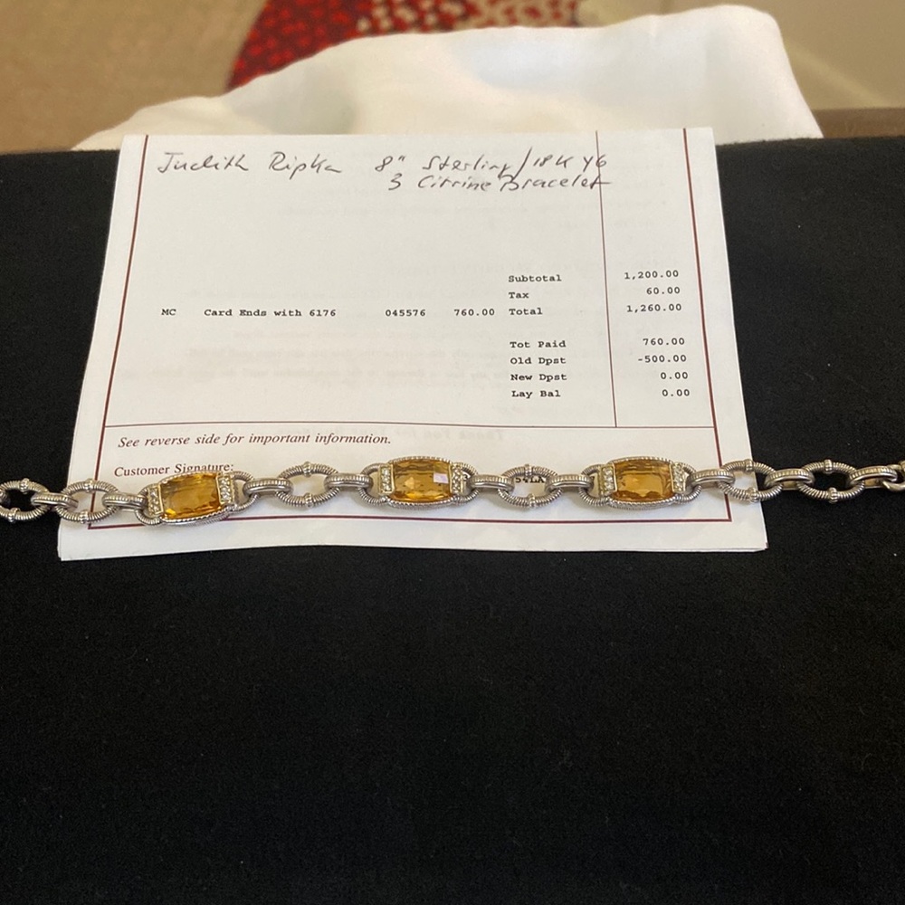 Judith Ripka .925 “8”inch Sterling and 18 K Gold Citrone Diamond Bracelet